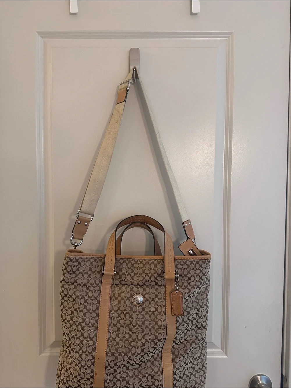 Coach Brown Signature Canvas Tote with Tan Leather Trim